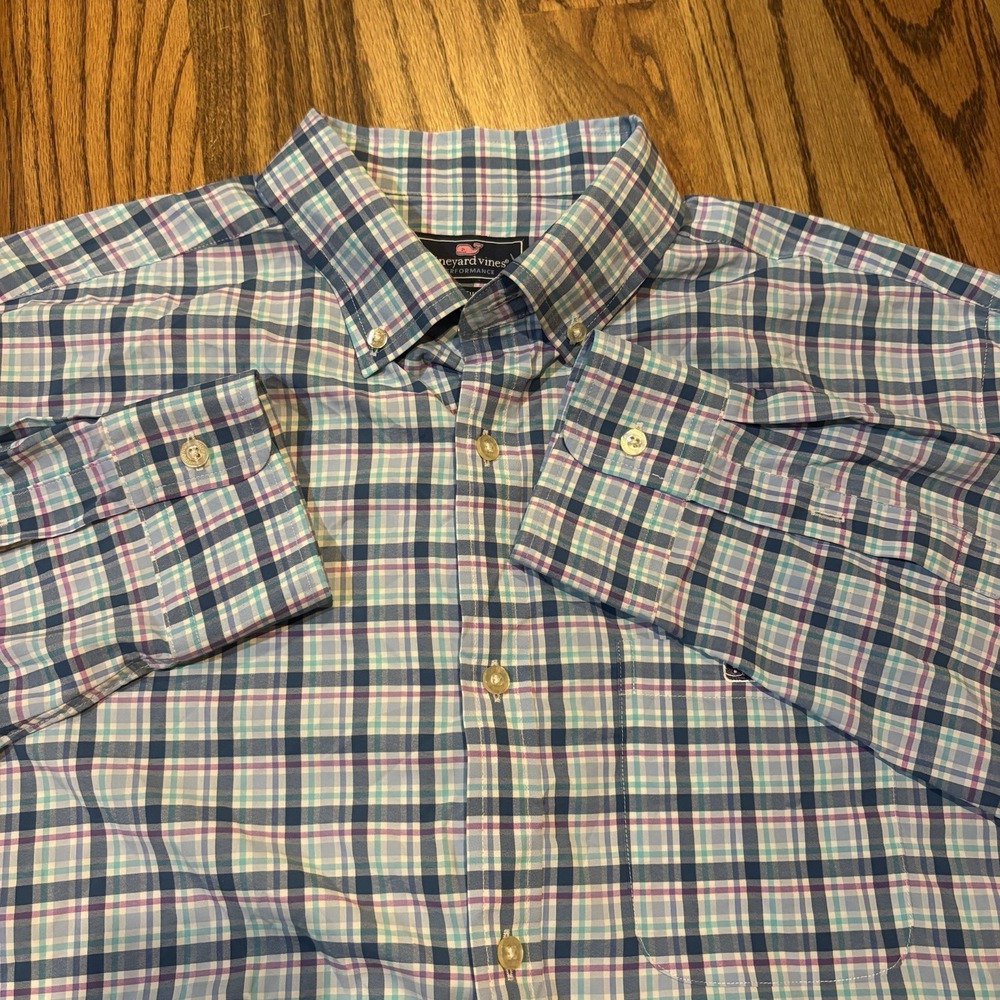 Vineyard Vines Performance Classic Fit Tucker Shirt Blue Purple Plaid Size Large